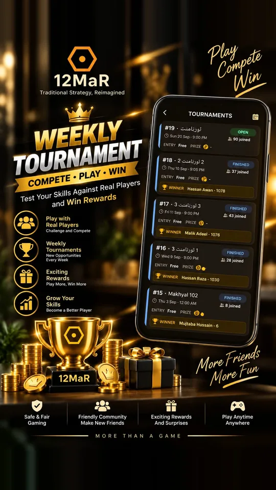 The tournaments screen: every bracket with its start time, entry fee, how many have joined, and the winner of the ones already finished.